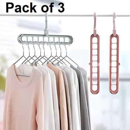 Hanger-Plastic Multi Functional Adjutable & Folding Clothes Hanger Holder Portable Anti-Slip Storage Rack Space Saving Hook for Garment Drying (Multicolor, Pack Of 3)