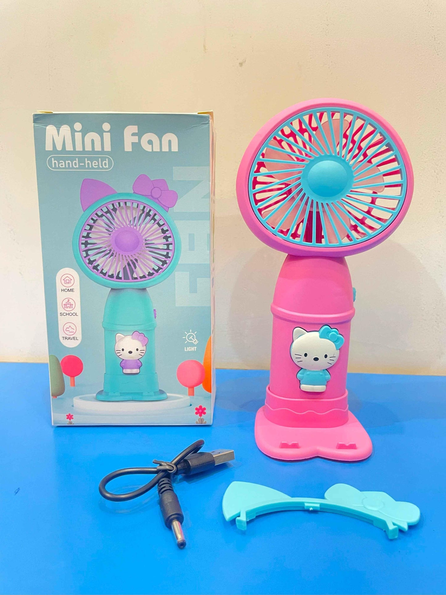 Portable Handheld Fan with light and 2 speed mode, Battery Operated Fan with base stand usb charger