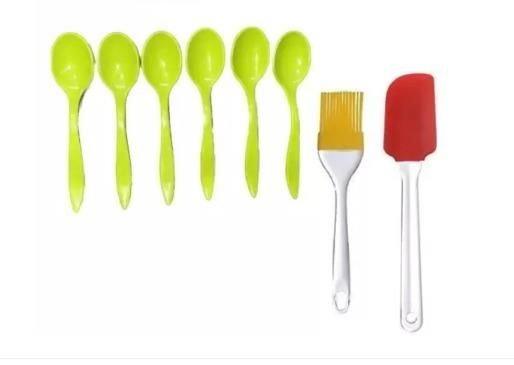 Plastic pack of 6 spoon. & silicone oil sputula-1 & oil brush-1 Piece- random Colour